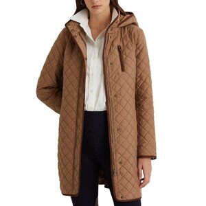 New Ralph Lauren Hooded Quilted Coat, Camel, Size PL